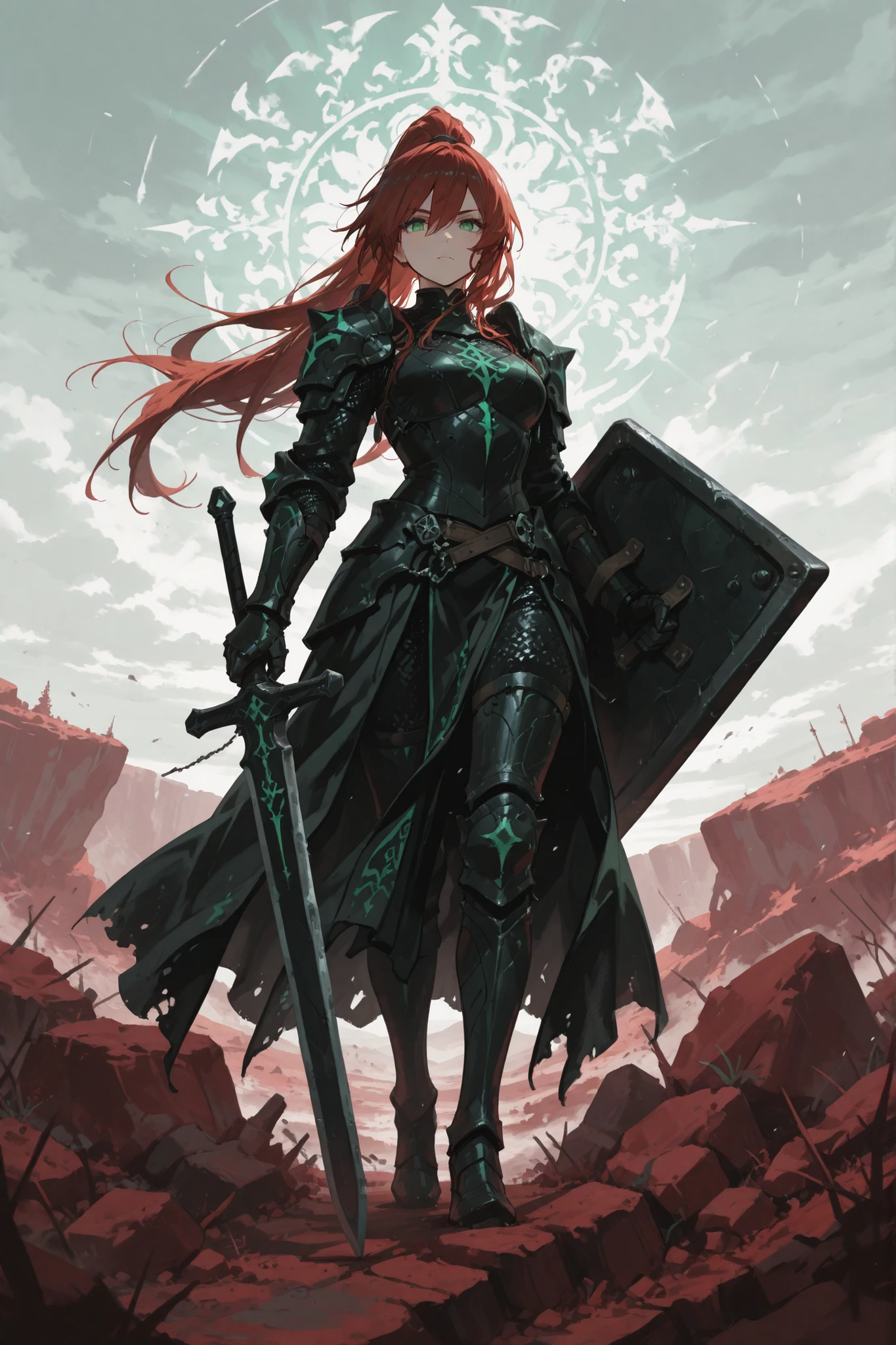 Cinematic lighting, masterpiece. Tall athletic anime girl with long dark red hair in a high ponytail, emerald green eyes, haughty and defiant expression. Standing on sloped rocky terrain, foreground focus. Wearing black partial armor: ornate shoulder plates, decorated metal greaves, fine chainmail sleeves. Holding a massive resistant shield of almost her full height. Dynamic pose, windswept hair, dramatic background.
