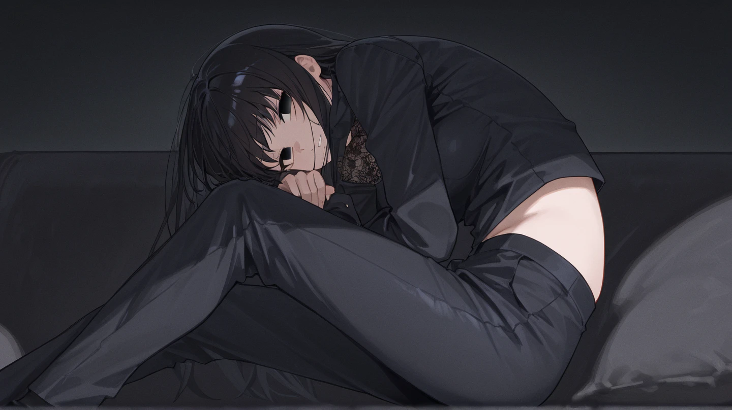 black undersuit,get down on the bed,black color hair,White-colored skin