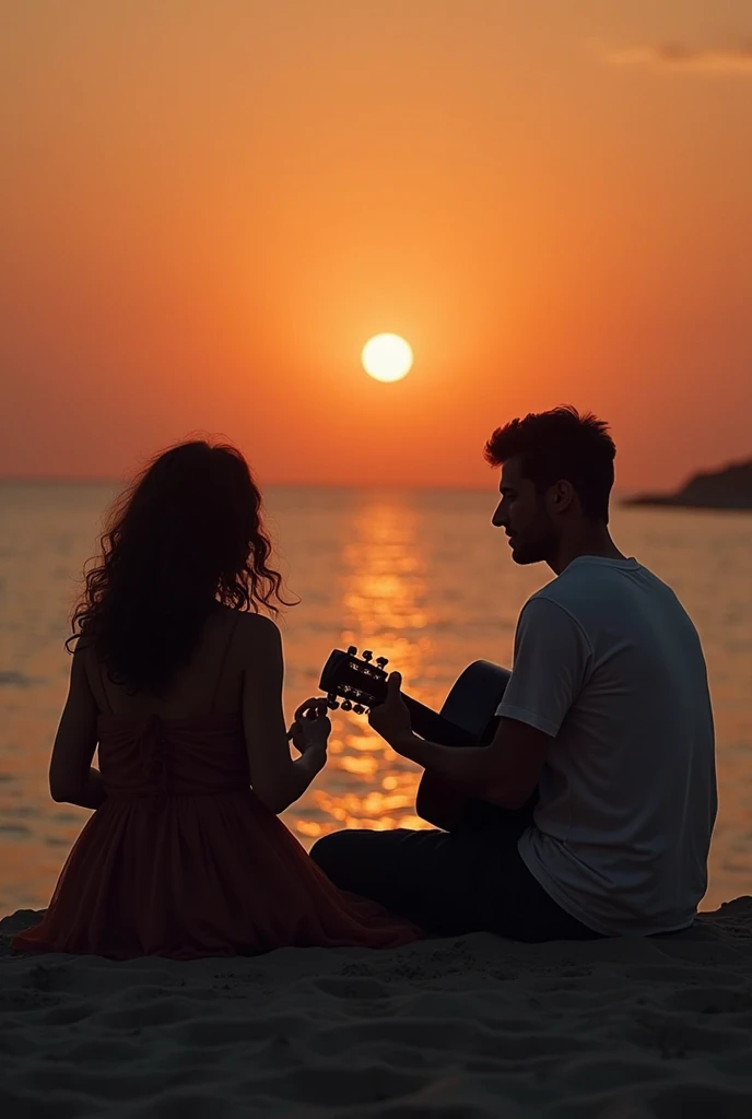 ((best quality)), ((masterpiece)),(detail), perfect face, full body shot of a couple passionately playing the guitar by the beach, a purple sunset, rose petals flying across the sky, with setting sun, romantic style, retro vintage and romanticism, blurred background image, sunset light, golden sunshine, roses, very lots of flying flower petals, rose petals stuck in hair, warm orange background color, subject takes up 1/3 of the frame, hyper-realistic photos, 8k, ultra high resolution, sharp faces