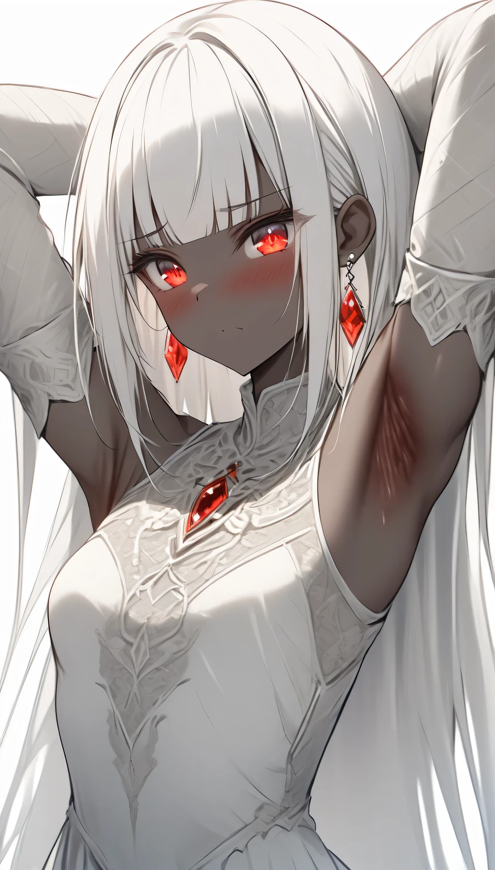 {best quality}, {{masterpiece}}, {high resolution}, Very meticulous girl, alone, sharp focus, {{{{{{{{White background}}}}}}}}, {{{Features{{{1 girl}}}}}}, alone, permanent, faint smile, closure Mouth, Beautiful and delicate eyes, {{{{{sharp focus}}}}}, {{{{{masterpiece Features design reference sheet}}}}},ahog, amco, blunt bangs, blush, bride_handguard, Capulet, closure_Mouth, Detached sleeves, earrings, black Capulet, {{{white hair}}}, hair accessories, high resolution, jewelry, looking at the audience, very long hair, simple background, alone, {{{{{whole body}}}}}, red eyes, White background, crystal eyes, {{{gold trim}}}, {{{very dark skin}}}, small breasts, short skirt, Final Fantasy 14, legs focus, (((arm behind head , armpits , , v , spread armpit , presenting armpit)))