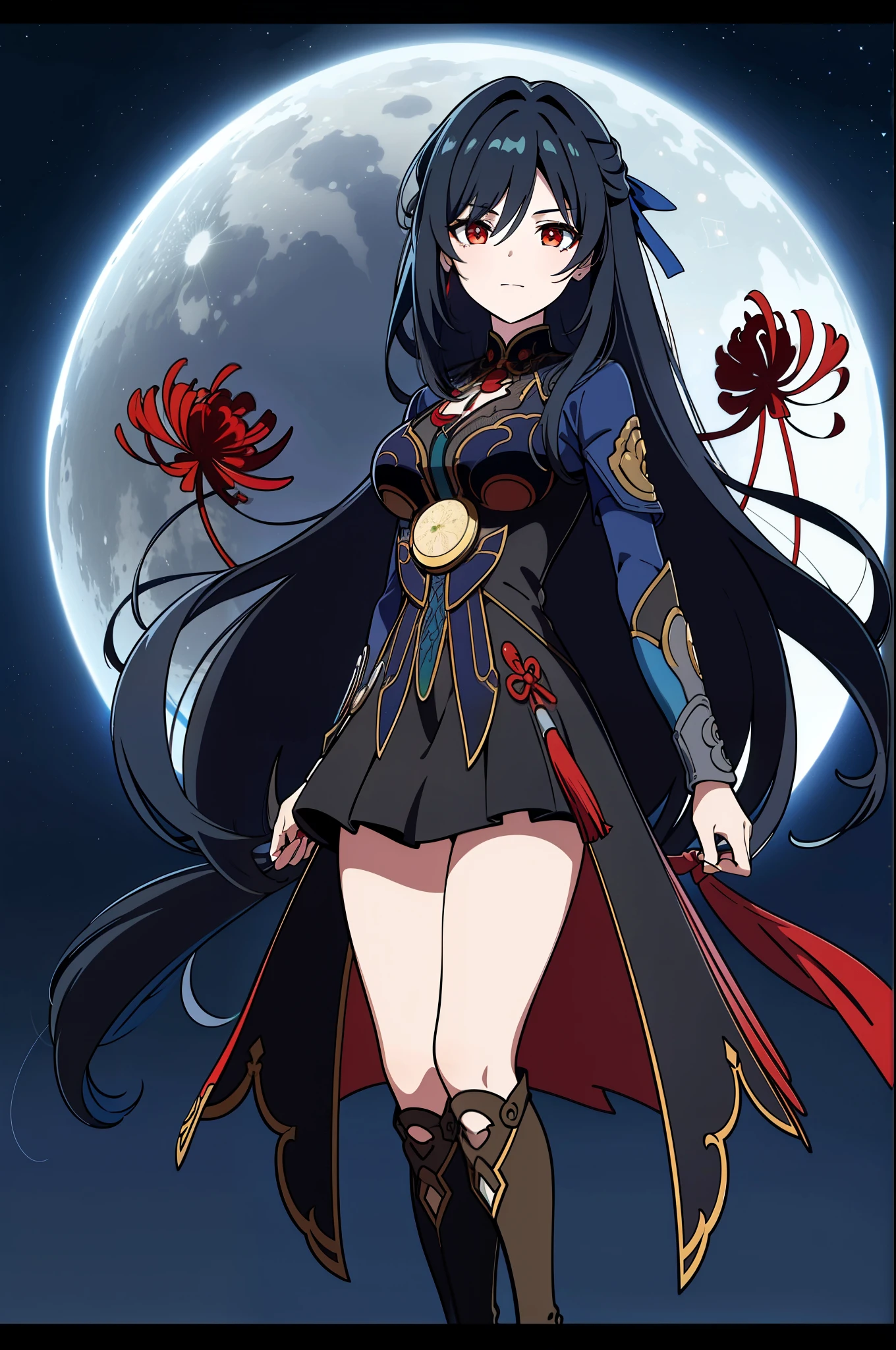 (high-quality, breathtaking),(expressive eyes, perfect face) portrait, 1girl, Symmetrical Eyes, adult age, black hair, red eyes, black and red trim dress, long cloak, knee high socks, boots, medium full shot, cowboy shot, red spider lily, long hair, stylized hairstyle, black background, starry sky, blue lighting, moon background, green field, field of red flowers, nebula sky, jing liu, ren\(character\), positive expression, charming smile, beautiful figure, large breasts