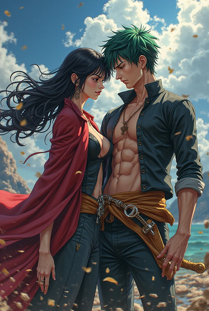 Super beautiful waifu women fighting over a handsome long-haired young man tattooed on his chest