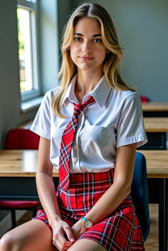a beautiful picture of s4br1n4, masterpiece, photorealistic, woman, detailed, 4k, HDR, backlighting, light, RAW color photo,(fully in frame:1.1), detailed skin texture, (blush:0.5), (goosebumps:0.5), blonde,  wearing school_uniform, short skirt, white shirt, blue eyes, smiling, sexy, full body,