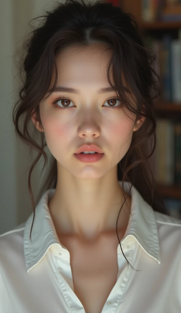 Full body portrait、a woman suffering from sex addiction, beautiful detailed eyes, beautiful detailed lips, extremely detailed eyes and face, long eyelashes, melancholic expression, disheveled hair, partially open blouse, sensual pose, moody lighting, dramatic chiaroscuro, cinematic composition, muted color palette, oil painting, masterpiece, 8k, high-quality, photorealistic, hyper-detailed, intricate details, dramatic lighting, emotional, melancholy, intimate