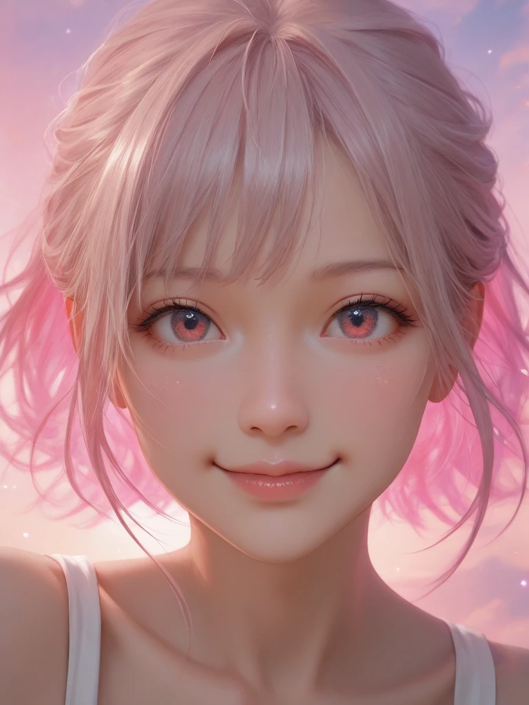 Very detailed CG Unity 8K wallpaper, Cute One lady, Mature pink hair、lady ,beautiful lady, pale skin (Super masterpiece, Beautiful person, well detailed face polluted smile, Photorealistic, hyper realisitic), Colorful winter kimono in pink and white colors、(white fur)、Japanese Style Hair Accessories、smile、Japanese background with light pink flowers and snow、Portrait、(pink eye)、(flat chest:1.2)、(Glowing Skin:1.7)、Detailed eyes、Big eyes、Open your mouth、Hide your arms