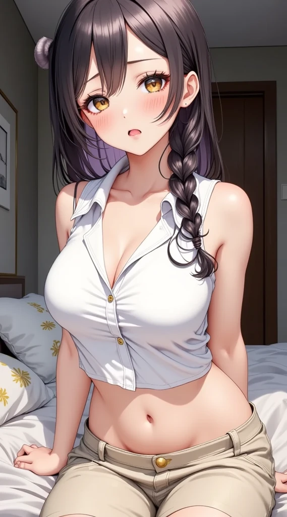 ((super high quality,Ultra-high resolution,4K,8k,super masterpiece,Ultra HD)),Dimly lit room,Lying on the bed,One sexy woman,(popped collar White shirts),High collar,Tight collar,Black hair straight short,Sharp Eyes,Ahegao,smile,blush,sexy,Pearl Earrings,Pearl Necklace,wedding ring,Sweaty,Spread your legs,Big penis,Penis insertion,semen,Drooling,Hold your phone to your ear,