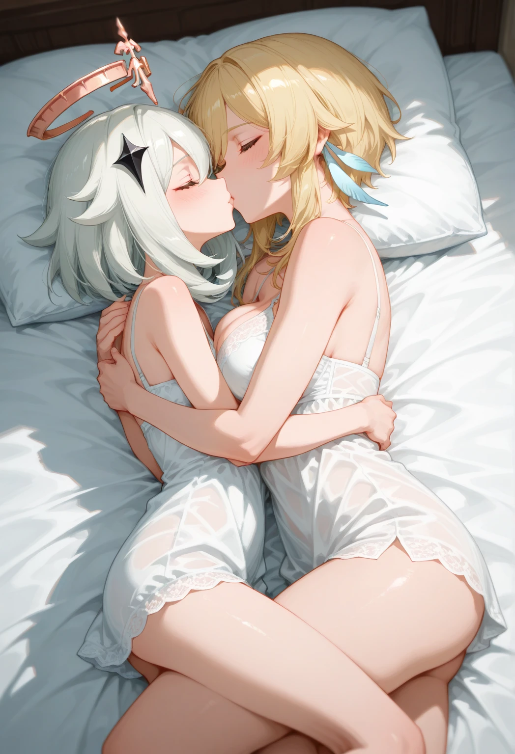 NSFW、((((Silver short bob with black headband、My eyes are moist、Eyes shine、tears、Glamorous body、Fingers are inserted))))、((((Platinum blonde twin tails、Fair skin、Whitening、Beautiful Skin、Beautiful breasts、Beautiful feet、slender))))、(((Two people, completely naked)))、BREAK,(((pantie pull out)))、、tits、Nipples、Butt、Vagina、sex、Nipplesから母乳が噴き出す、slender、Big Breasts、Last month of pregnancy、Feeling facial expression、Shy expression、((((Rubbing each other's breasts))))、Panties come off、(((Breast milk splashes)))、((((face to face ))))、(((A red ribbon wraps around the two naked bodies)))、(((Lesbian)))