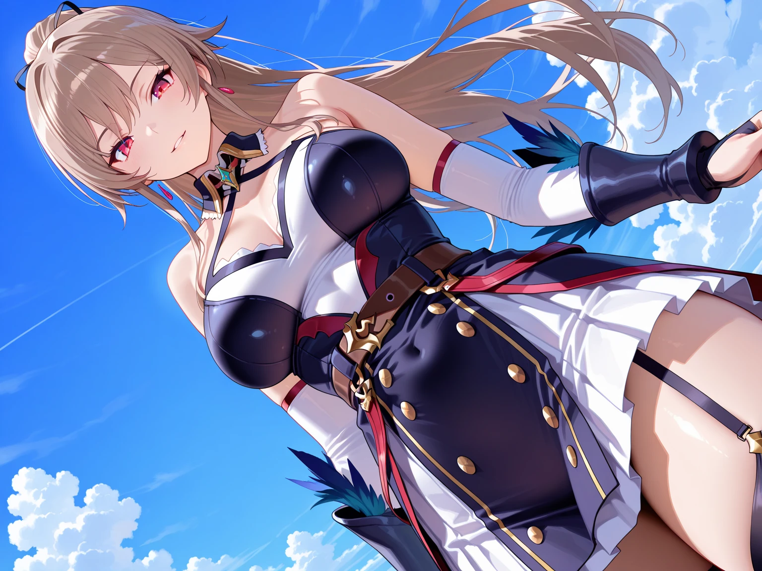 masterpiece, best quality, highres, fel1, bridal gauntlets, black thighhighs, bare shoulders, belt, garter straps, white dress, elbow gloves, outdoors, cowboy shot, waving, smile