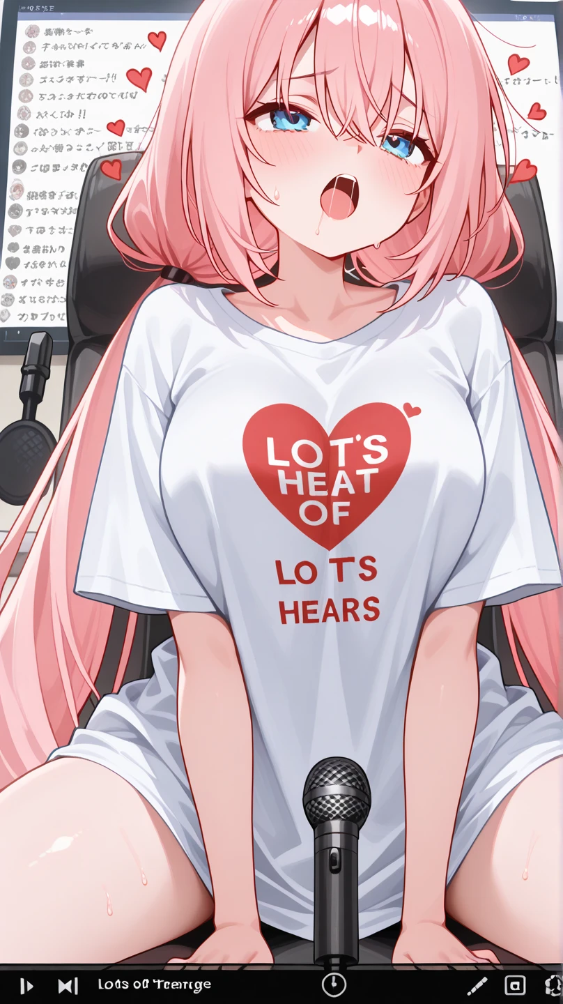 very long hair, pink hair, low twintails, hair between eyes, bangs, blue eyes, Streaming, comment section of stream, stream screen, microphone 🎙️, moaning, lots of moaning, lots of hearts, a large t-shirt with writing on it that doesn't fit