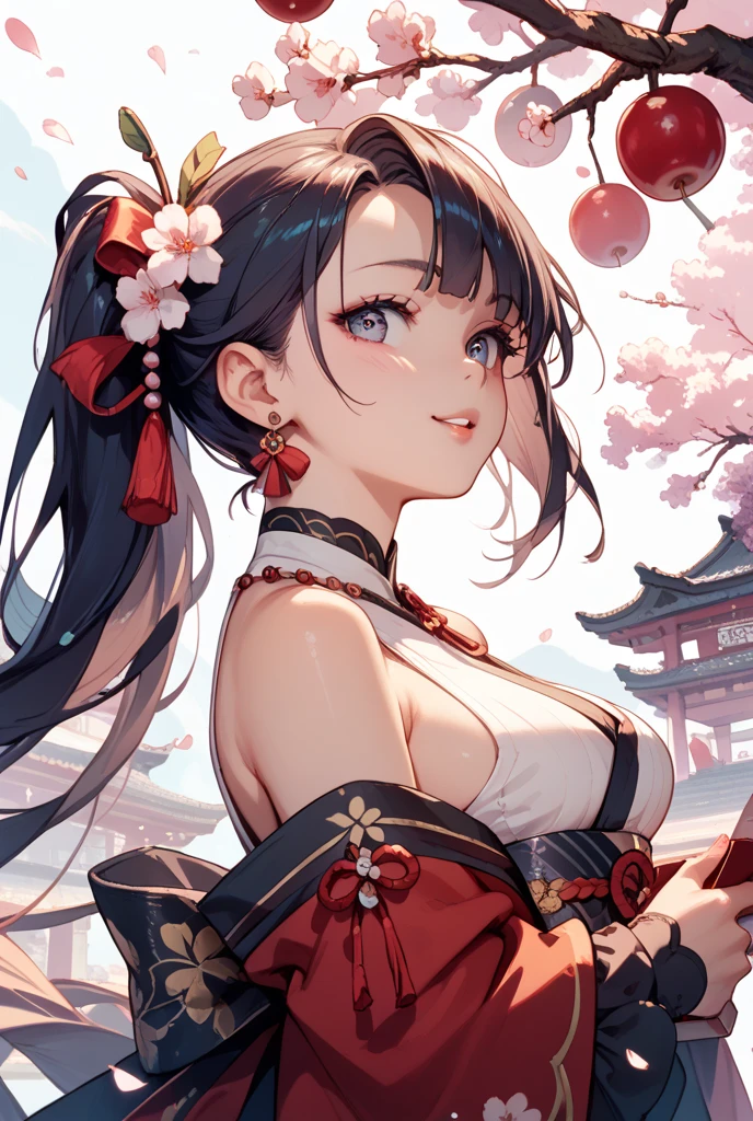 actual, 1 Chinese Fan Bingbing girl, black hair, big eyes, Smile,open mouth,big breasts,glowing eyes, crop top, skirt, open lips, blush, night, flowers, sun, sunlight,