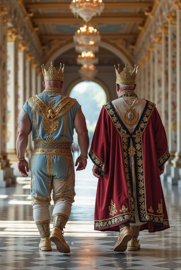 Hyperrealistic image of an African steampunk imperial king dancing and hugging a man with a huge gold crown and jewels on his head., superhero with grey afro hair and very long hair, very old and very sweaty bodybuilder over 80 years old..very muscular and fat, He weighs more than 200 kilos with a naked torso., large and flaccid pectorals, Brown nipples and a big grey moustache standing in the middle of a rose garden of an imperial palace and a velvet skirt with gold embroidery and jewels 