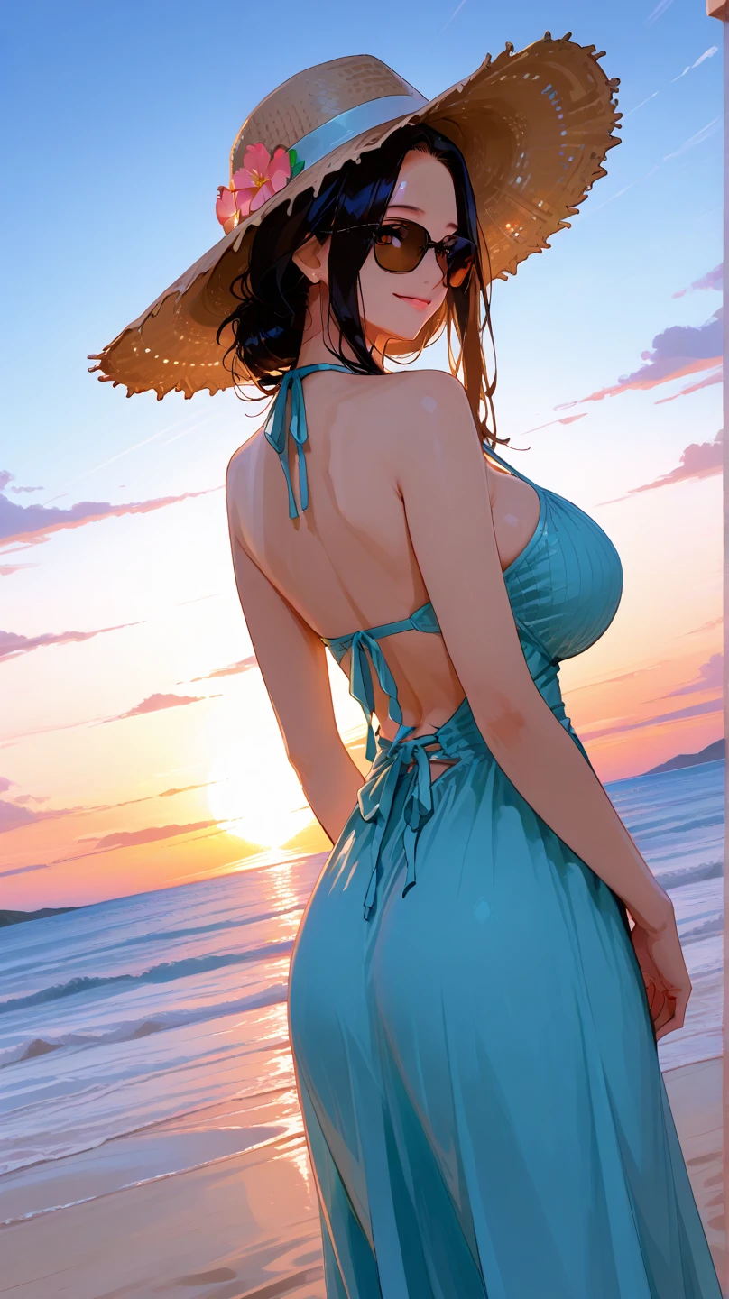 1girl, masterpiece, extremly detailed, (beautiful detailed glow), lens flare, white hair, short hair, floating hair, looking back, back behind, smile, blue eyes, sexy extreme micro satin G-string lingerie, big breasts, upper body, wide shot, straw hat, ((salar de uyuni)), sunrise, clouds, backlighting, purple sky, yellow sky, gradient sky, hands on hat