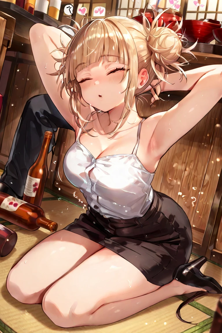 (asura art style:0.7), score_9, score_8_up, score_7_up, score_6_up, angelica, blonde hair, braid, single hair bun, red eyes, BREAK (masterpiece:1.2), best quality, high resolution, (beautiful detailed eyes:1.3), perfect lighting, (perfect hands, perfect anatomy), hearts, pleasured, large breasts, sagging breasts, 1girl, breasts, leash, underwear, 1boy, thighhighs, collar, panties, navel, bra, clenched teeth, hetero, blush, white bra, cleavage, red collar, white panties, teeth, holding leash, bottle, sweat, black thighhighs, animal collar, underwear only, holding, strap slip, faceless male, spread legs, arm up, hand on another's stomach, armpits, sitting on person, looking at viewer, skindentation, faceless