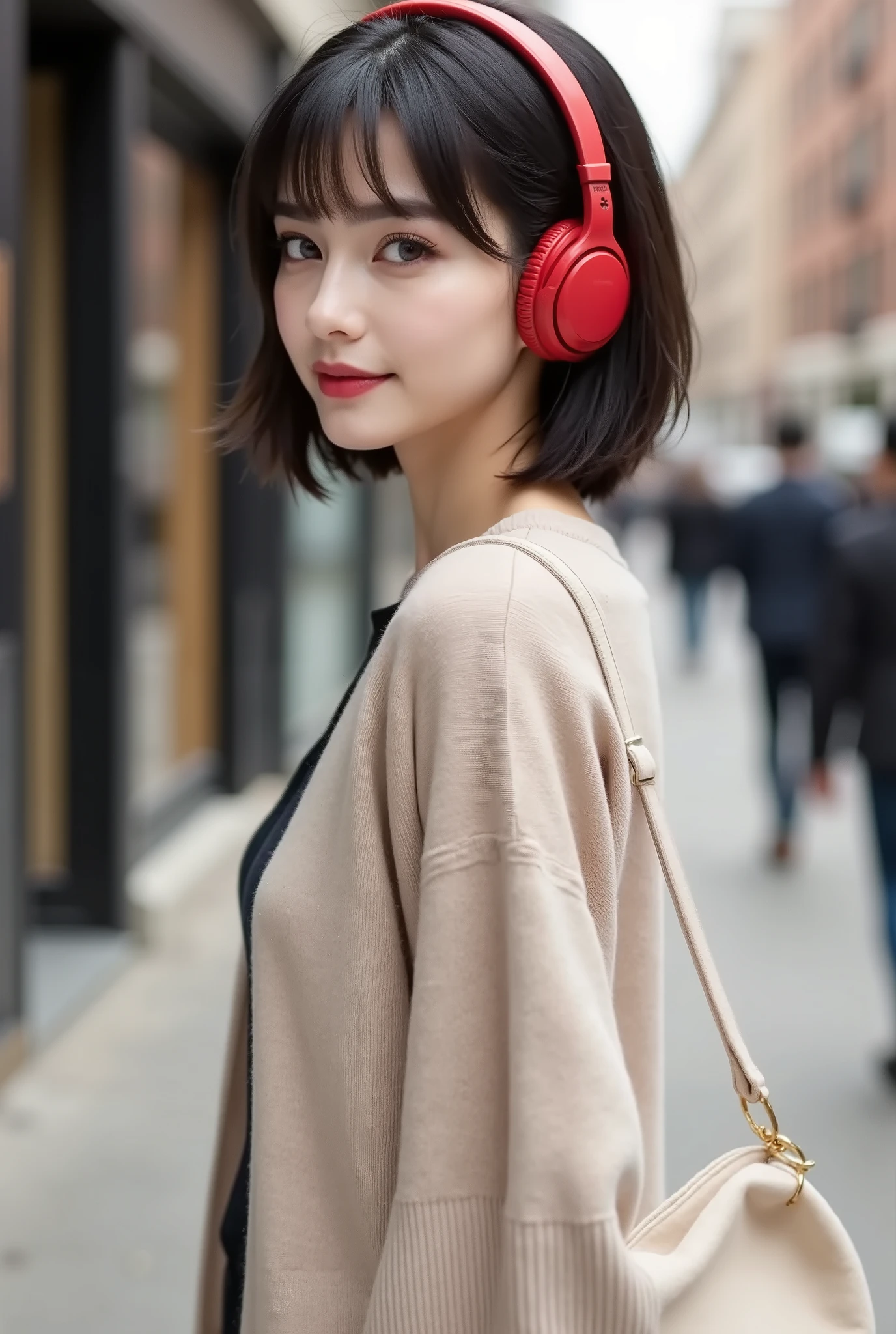 realistic,High Definition,high definition,8K,((Side View2.0)),((1.5)),((Full Body 2.0)),((big red headphones)),27 age ,woman walking in an office district where businessmen come and go,short short hair,((long sling 2.0)),tight eyebrows,Foxy face,happy smiles,natural makeup,Cardigan:long sleeve,Open Front、put on、Light Beige, One Piece:Knee、white、Clear,beige pochette,((whiteのヒールサンダル2.0))