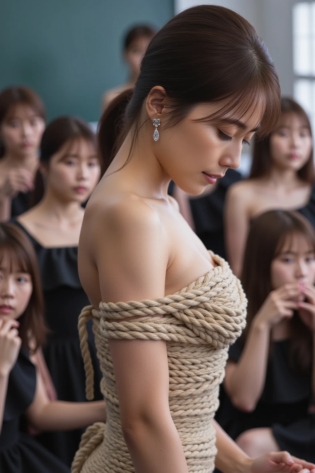 One lady、(14years)、(((Has male genitalia、The erection:1.2)))、(is standing)、from the front side、((full body seen))、(NSFW:1),Anxious face、short-hair、disheveled hair、((Pubic hair is hairy))、(Armpit hair is hairy),Hands raised、Wrists tied with ropes、Suspended from the ceiling、(bontage),darkened room、Not wearing underwear,Dirty face,The whole body is dirty,((tied up in front of an audience))、low angles