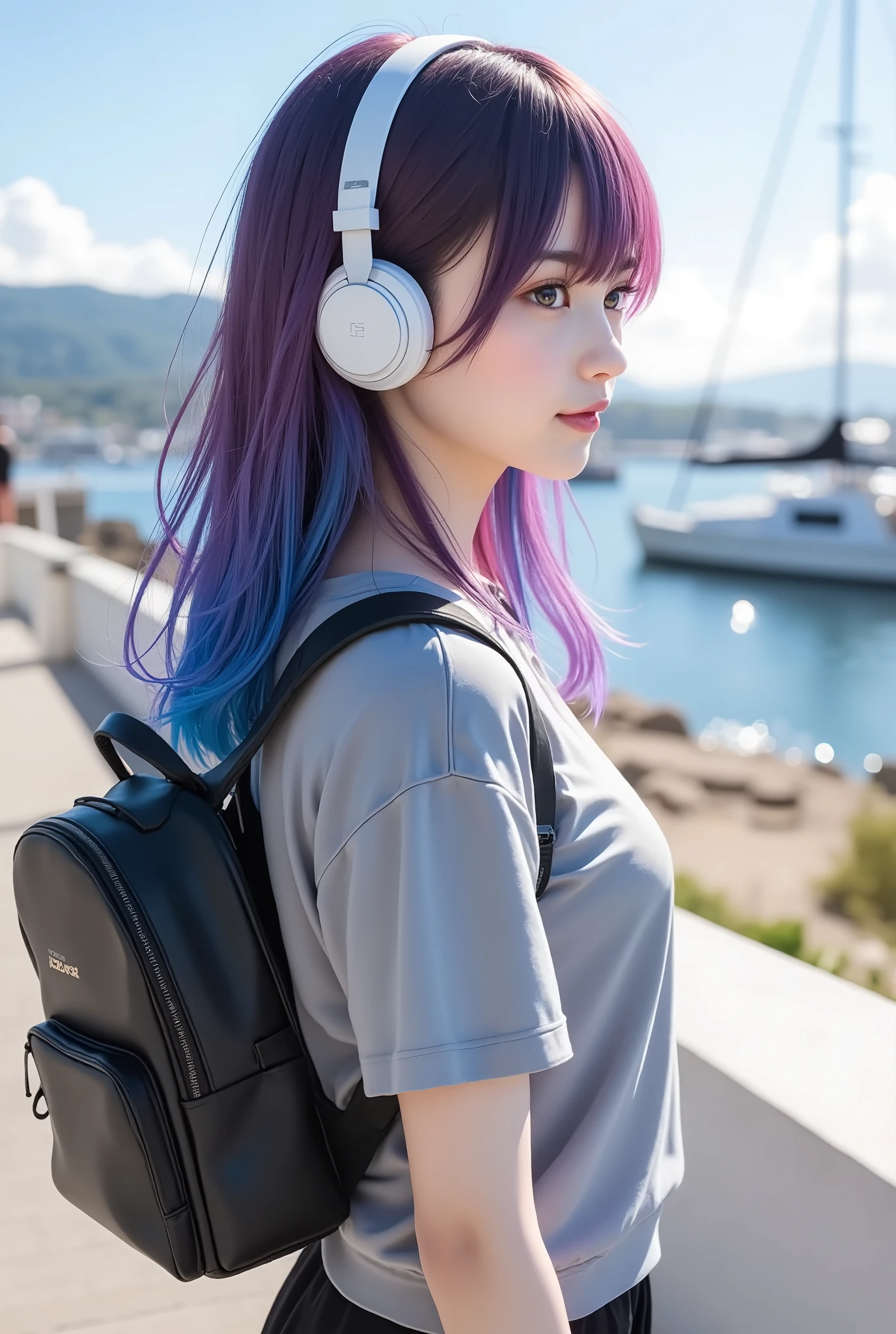 realistic,Real,((Side View2.0)),((looking away2.0)),((1.5)),((Full Body 2.0)),((large white headphones)),27 age ,Seaside,((colorful long hair)),Smiling,natural makeup,Tees:Short sleeve、small、black, sweatshirt:High Waist、oversized、、gray,backpack:small、black,((blackのスニーカー2.0))