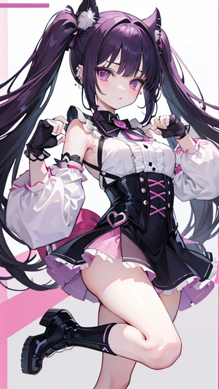 ((masterpiece、Highest quality、Very detailed))、One Girl、Black Hair、Long Hair、twintails、blunt bangs、Pink eyes、evil smile、((Grin))、(lots of piercing))、Large Breasts、((Pink ruffled outfit))、Long sleeve、((Black pleated skirt))、((Black knee socks))、((skirt lift))、((black panties))、Cowboy Shot、((Night downtown background))