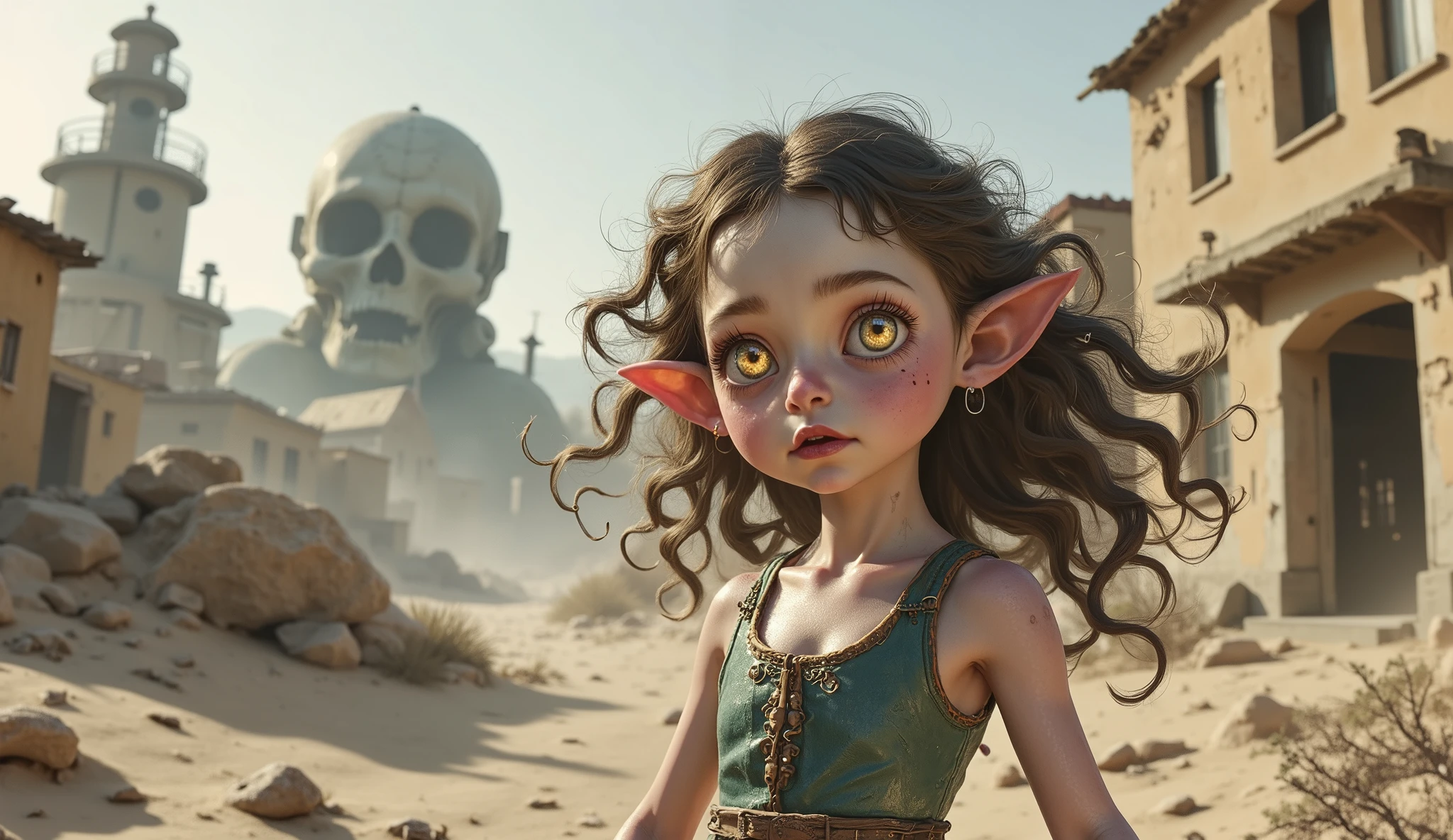 league of legends,full body length shot, adventure at oldest abandoned nuclear favela,desert little [witch:elf:0.8] of Fluorite,intricate details,pretty,natural skin texture,curly hair, hyper realism,extremely detailed,elegant style,eyes extremely detailed, high detailed eyes,16k resolution,littl girl,glows from the inside ,semi adult , eyes anatomically correct, realistic , fairy's village, horror movie, cinematic look, creepy aesthetic, ultra detailed,ink photorealistic, masterpiece, translucent transparent skin , scaly epidermis, uncanny compound eyes , dewy skin glistening with moisture, bulky forms looming in a sterile laboratory setting, silky-smooth eyes glaring with an unsettling gaze,cheyenne, High contrast, dramatic, graphic novel illustration, cross hatching, seminole war, traditional outfits, landfields,folk ,on the border of the otherworld
