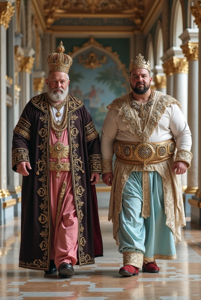 Hyperrealistic image of an Arab man hugging an old African man Steampunk Odalisque with naked torso, A very old and very sweaty superhero with very gray hair. A very muscular 80 year old bodybuilder and a fat 20 year old who weighs over 200 kilos with his torso naked., large and flaccid pectorals, huge tattoos, Big brown nipples A grey moustache Dressed in colourful chiffon slippers Lots of jewellery In a pool in a park in a Moorish palace