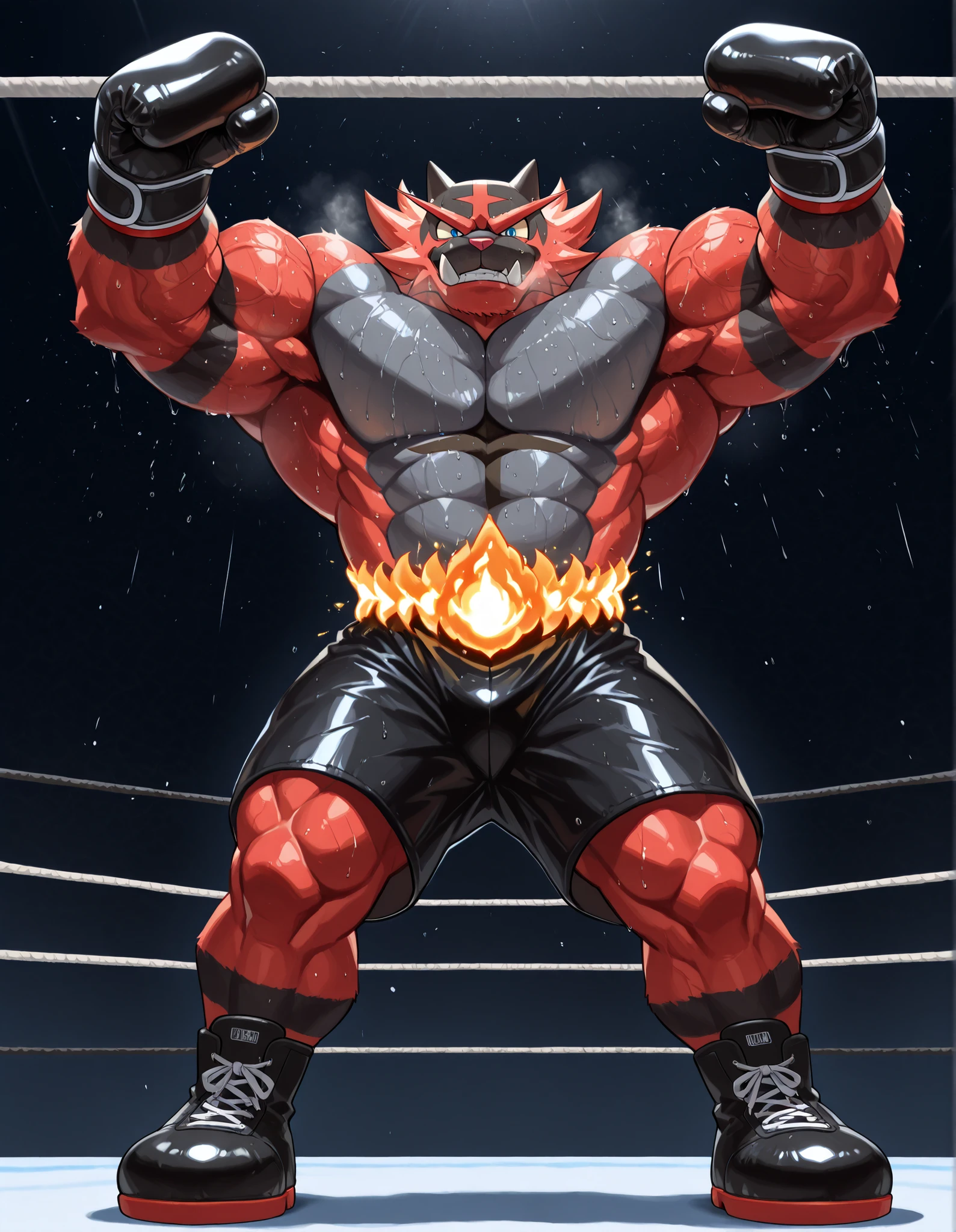 Incineroar, anthro male, high quality, full body, looking down at viewer, looking up from directly below, solo, boxing ring background, black boxing gloves, thick very veiny arms, very muscular, black boxing shorts, black boxing shoes, heavyweight boxing champion, glistening fur, sweaty, brutal expression, steam, heavy breathing, brutal eyes, gear up with fighting spirit, shirtless, stand up straight, A manly victory pose with his arms raised high and his chest held high, b0xingp0v