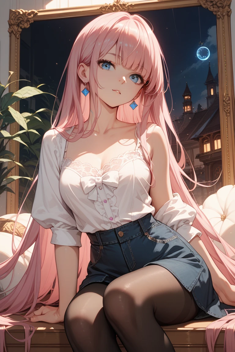 photorealistic,Realistic illustration in Modelshoot style,((masterpiece)),((The best quality)),((Ultra Quality)),((ultra detailed)),((1girl long white hair)),((Only)),((waifu:1.5)),Perfect anatomy,perfect hands,beautiful cuerpo,beautiful_method,ulzzang-6500-v1,e-chica,((Exceptionally Beauty Waifu Princess Tifa Lockhart)),blonde wavy hair, gradient hair, pink highlights in hair, big breasts, standing, makeup, glossy lips, full lips, (natural lighting), in room, night, cute denim short jumpsuit, shy smile, belly, collarbone, in love, cute gesture,((bright-pink_eyes)),long wavy hair, ((white hair)),hair clips,eyeliner,cute makeup,lipstick,Glossy lipstick,with a look of terror, worry and sadness,((eyes detallados perfectos)),rainy with fog outside,evening,pink theme,bioluminiscencia,light particles,((Extremely CG Unity 8K Wallpaper)),((cinematic lighting,Best quality lights)),intricate details,Suave,sharp focus,Extremely beautiful and aesthetic,Octane rendering,Full length portrait,damp skin,((Perfect detailed body)),