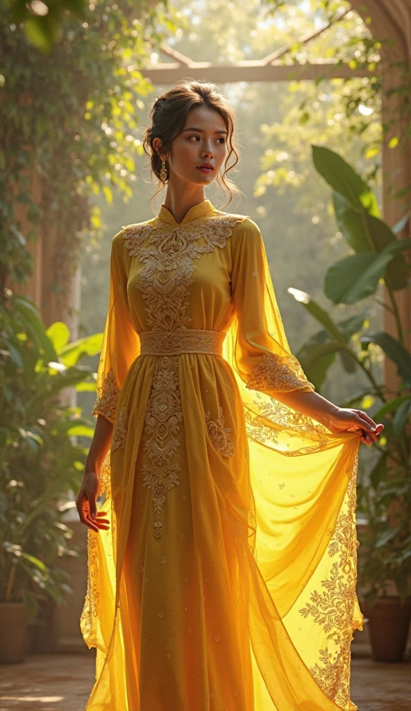 a realistic beautiful woman in Malay dress, Teluk belanga, the color of her dress is yellow, wearing high heels, and walking on a catwalk in a Malay fashion show , sarong batik