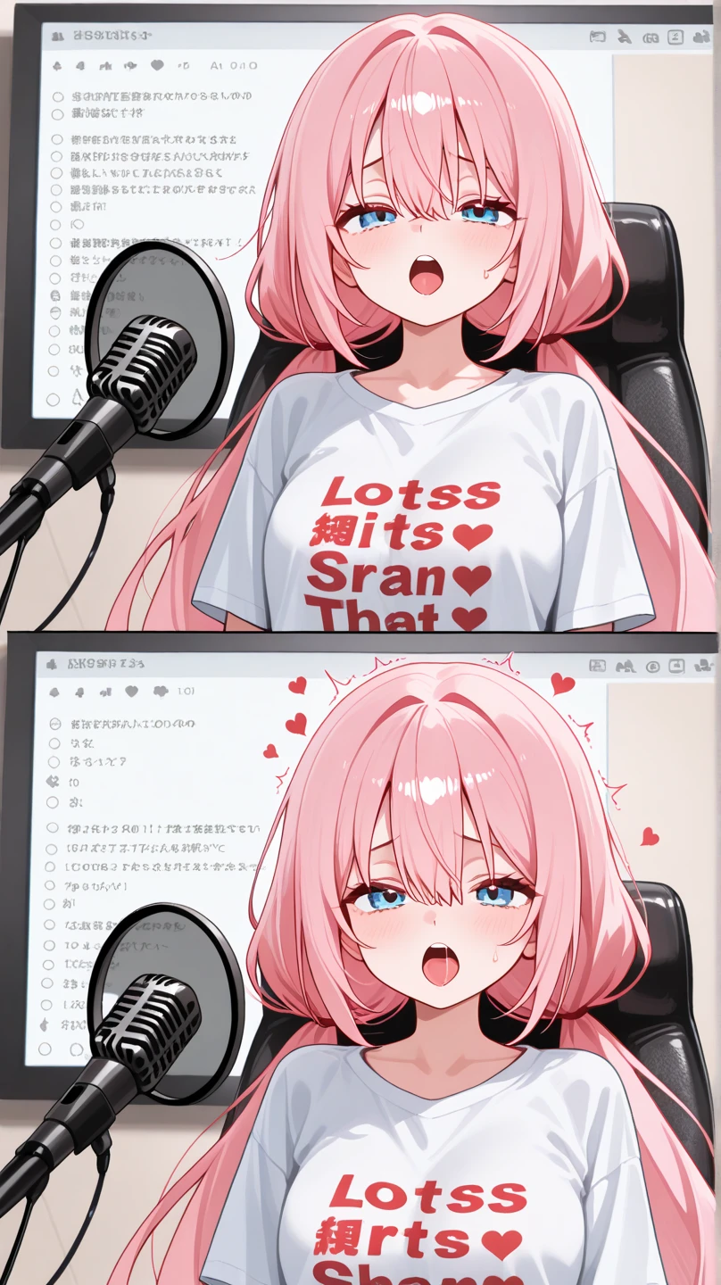 very long hair, pink hair, low twintails, hair between eyes, bangs, blue eyes, Streaming, comment section of stream, stream screen, microphone 🎙️, moaning, lots of moaning, lots of hearts, a large t-shirt with writing on it that doesn't fit