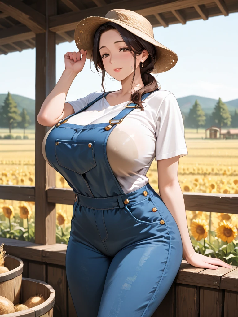((Best Quality, 8K, Masterpiece: 1.3))(ultra-detailed), 1girl, shiny skin, sharp, Perfect Body Beauty, realistic shaded perfect body,dynamic pose, "(overalls , naked :1.2)" ,big breasts , she is wearing a farmer hat ,stand up in a farm with a cow in the background