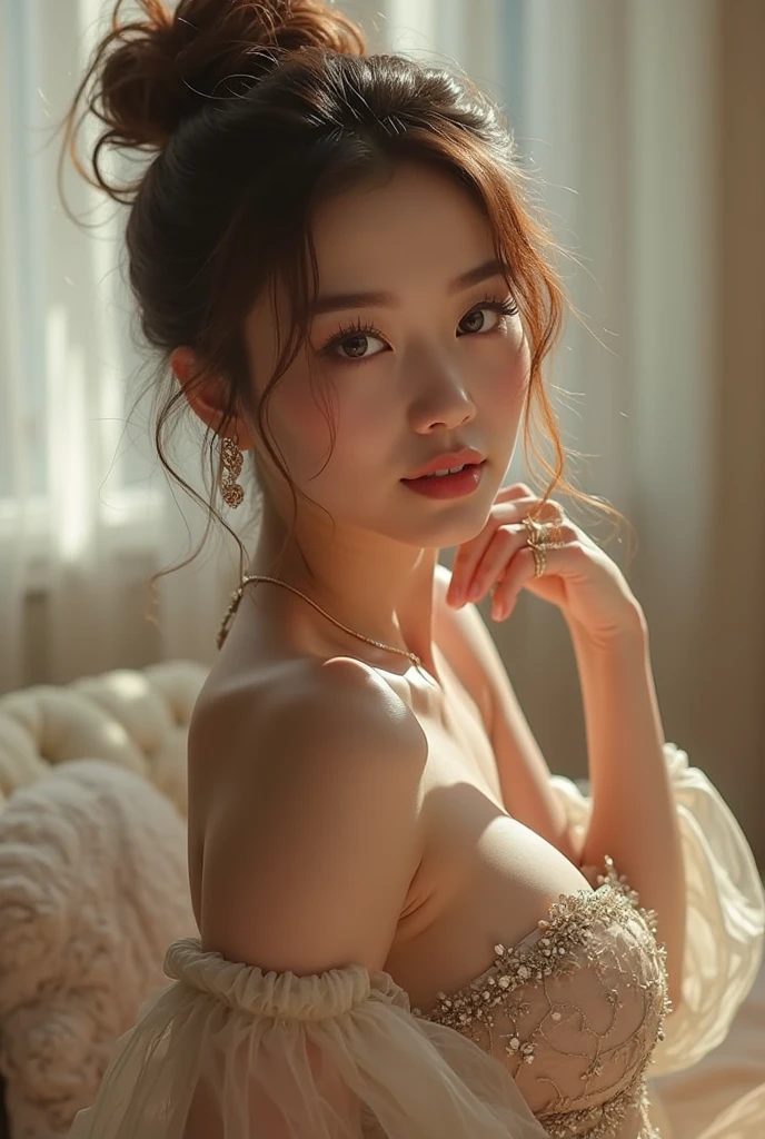 RAW, analog, Nikon Z 85mm, ((best quality)), 4K, intricate details, highly detailed, sharp focus, professional, photorealistic, post-processing, max detail, roughness, real life, ultra realistic, photorealism, photography, photography, SILHOUETTE light, (realistic, photo-realistic:1.37),Amazing, finely detail, masterpiece,best quality,official art, extremely detailed CG unity 8k wallpaper,perfect artwork,full body, shiny hair, glowing eyes, lustrous skin, realistic, underboob, small breasts,perfect female figure, mature female, milf, narrow waist, looking at viewer,lace,seductive posture, sexy pose, alluring,best quality ,masterpiece, illustration, an extremely delicate and beautiful, extremely detailed , Amazing, finely detail, masterpiece,best quality,official art,absurdres, incredibly absurdres, huge filesize, ultra-detailed, highres, extremely detailed,beautiful detailed girl, extremely detailed eyes and face, beautiful detailed eyes,light on face,cinematic lighting,see-through,looking at viewer,White pajamas, transparent material, protruding, revealing buttocks,sfw:1.5,masterpiece, best quality, high quality, High definition, High quality texture, High quality shadow, high detail, beautiful detailed, finely detailed, extremely detailed cg, detailed texture, a realistic representation of the face, realistic, colorful, delicate, Cinematic Light, sidelighting, Lens Flare, Ray tracing, sharp focus, (intricate details, makeup, (detailed beautiful delicate face, detailed beautiful delicate eyes, a face of perfect proportion, high detailed skin, detailed skin, best ratio four finger and one thumb, arms under breast, small and firm breasts, wide hips, smooth midriff, skiny and thin,fashion, solo ,(young), face highlight, upper body, detailed face, tear mole, white skin, braid hair, looking at viewer, big eyes, silk robe, (hollow pattern, white, silk), earrings, slim body, luxury room, professional lighting, tear robe