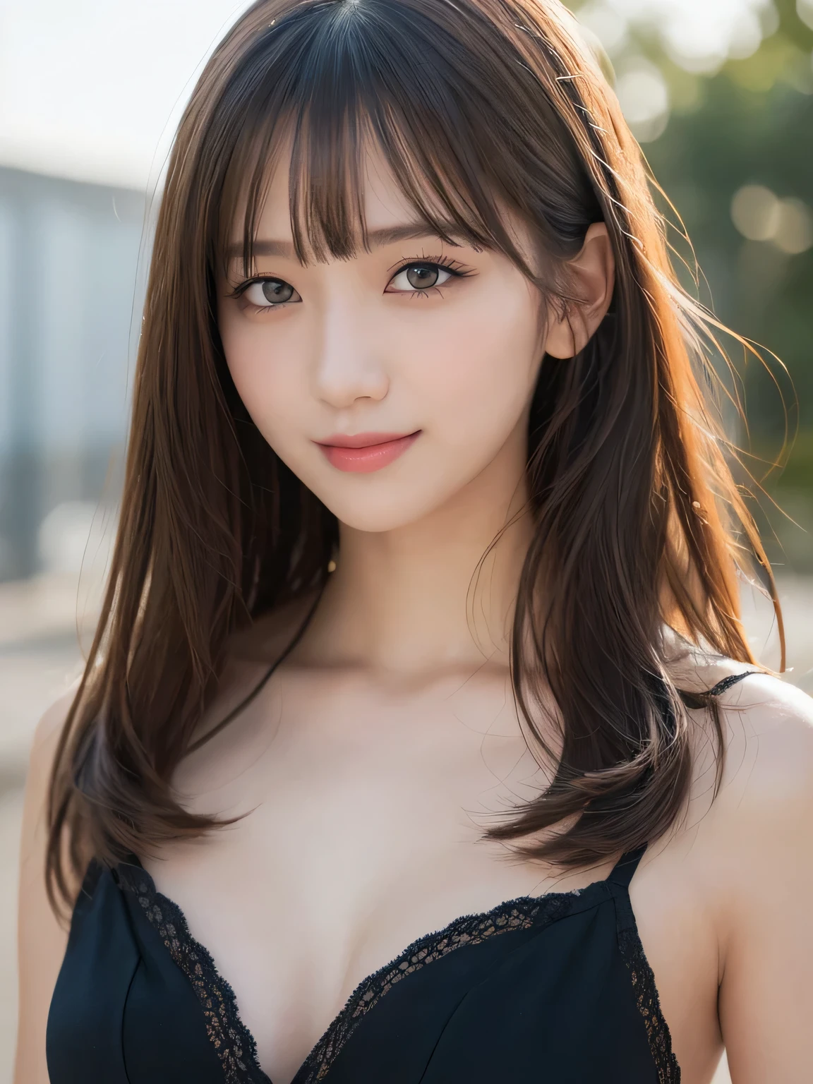 masutepiece, Best Quality, One girl, (Beautiful Girl:1.3), (16 years old:1.2), Very fine eye definition, (Symmetrical eyes:1.3), NSFW, (Cute sleeveless:1.3), Beautiful breasts, Brown eyes, Parted bangs, Brown hair, Upper teeth、Background outdoor