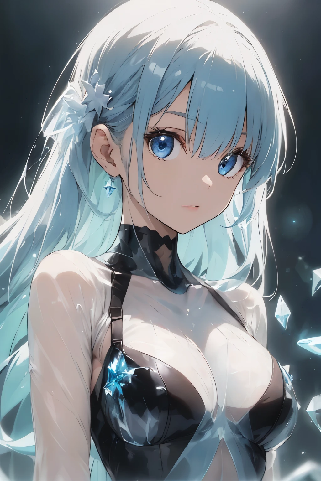 Adult woman, Short blue hair, blue eyes, big breastes, pale skin, Ice Crown, ice dress, Cold, emotionless look, blue lipstick, Masterpiece, hiquality