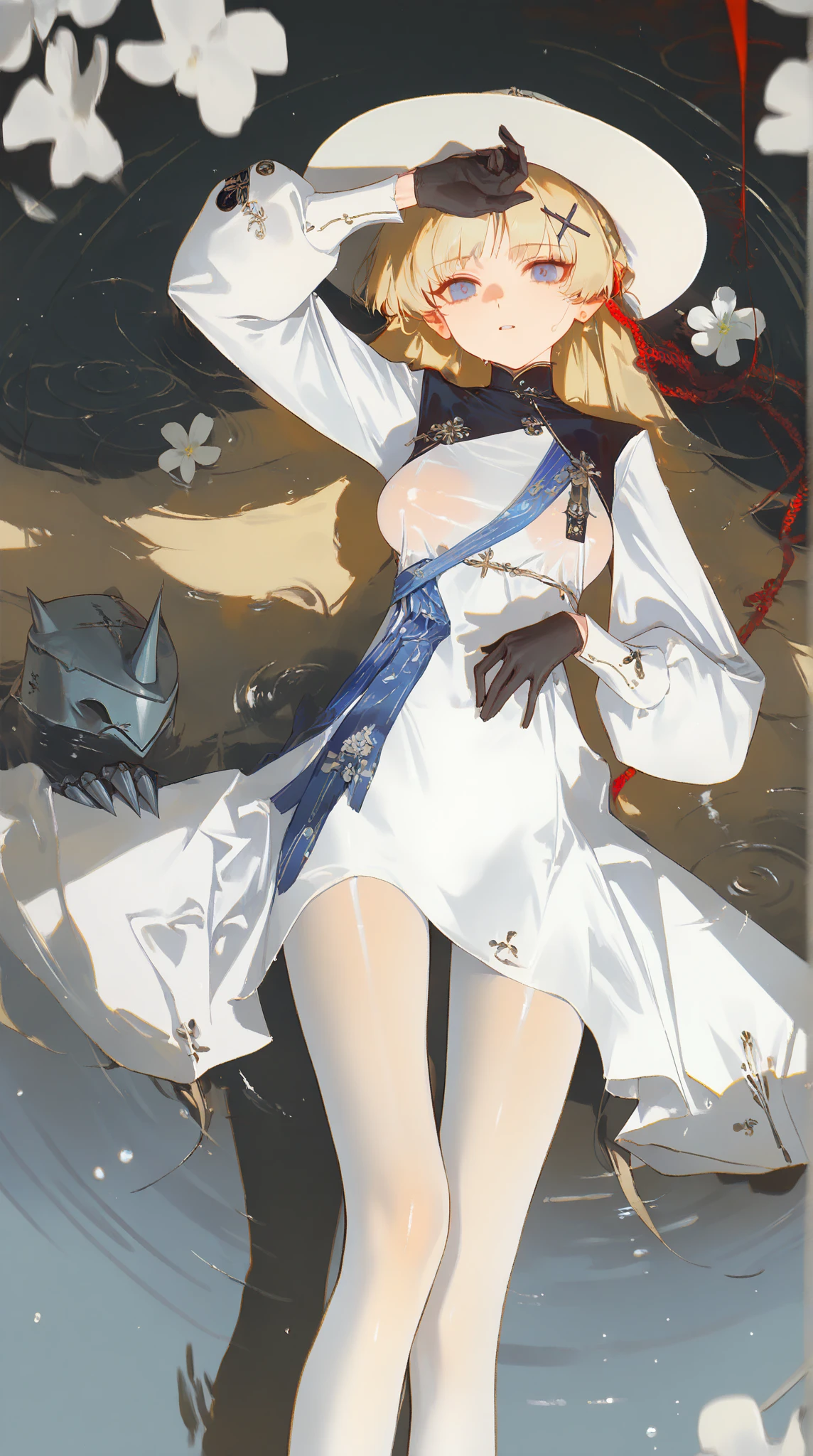 A girl wearing a hat and wearing JK,Straight Killer,(masterpiece, best quality) detailed,silver accessories , Blonde ,elegant, Pointed ears ,Lace underwear,Double tail,Waist-length hair,Smile,Star decoration,White lace socks,thorns,Rose,Vest line