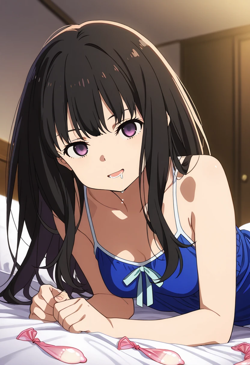 ((masterpiece, highest quality:1.2)),in perspective,cowboy shot,1woman,18 year old beauty、solo,long hair,dark purple hair,(very small head),shy,smile,slender and long body,skinny,medium breasts,oily skin,shiny skin,Waking up、Tank top、panties、lying,Simple bed、simple interior、early morning、Tokyo、