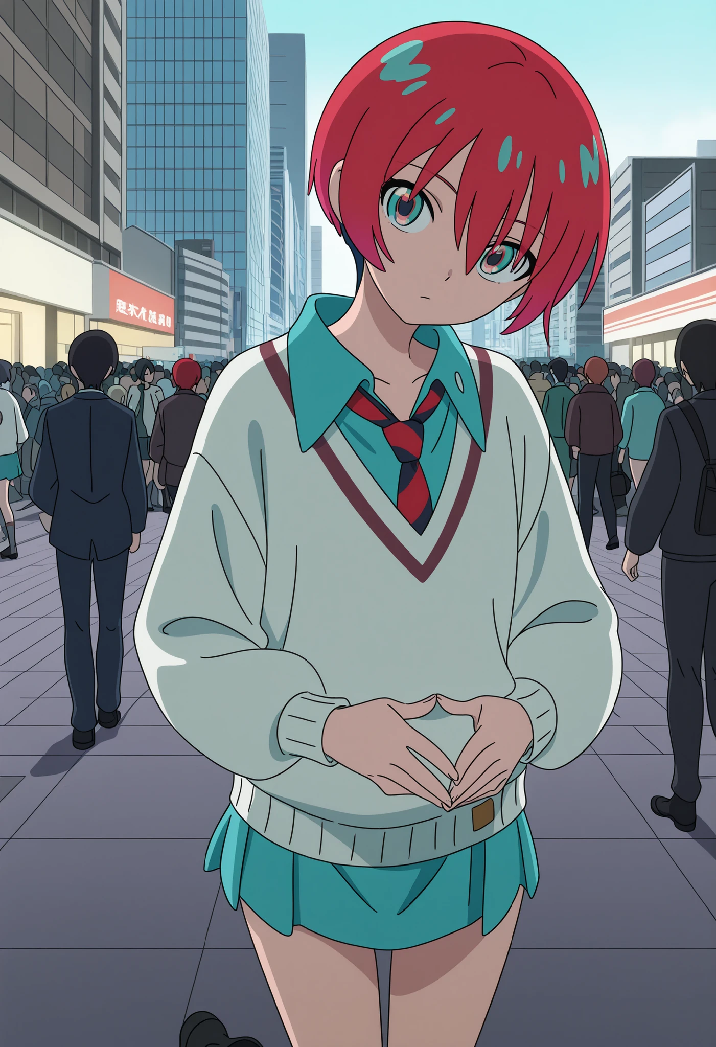 1girl, GQuX-amate_Concession, Red hair, multicoloRed hair, short hair, aqua eyes, multicolor eyes, aqua shirt, striped tie, white sweater, aqua skirt, grey socks, Black Boots,
Standing, Arch Back, and fold their hands on their backs, staring at the viewer, form side, Head tilt, sensual, deep, Intense gaze, slowly, Intentional Smiles , And Relaxed Posture., outdoor, City, (audience, crowd:0.8), solo, solo focus,
masterpiece, Very beautiful, (anime coloring, anime screenshot), Official Art, Illustration,