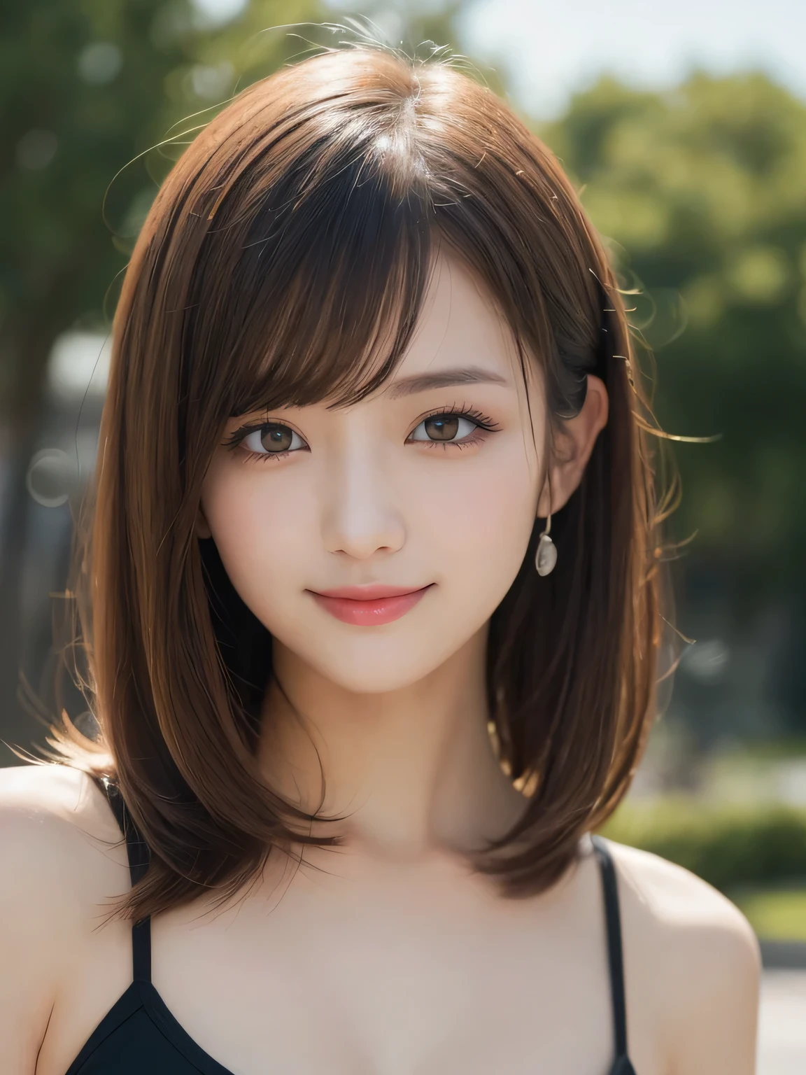 masutepiece, Best Quality, Illustration, Ultra-detailed, finely detail, hight resolution, 8K Wallpaper, Perfect dynamic composition, Beautiful detailed eyes, Women's Fashion Summer,Medium Hair,Small breasts natural color lip, Bold sexy poses,Smile,Harajuku、20 years girl、Cute、Sexy shot looking at camera