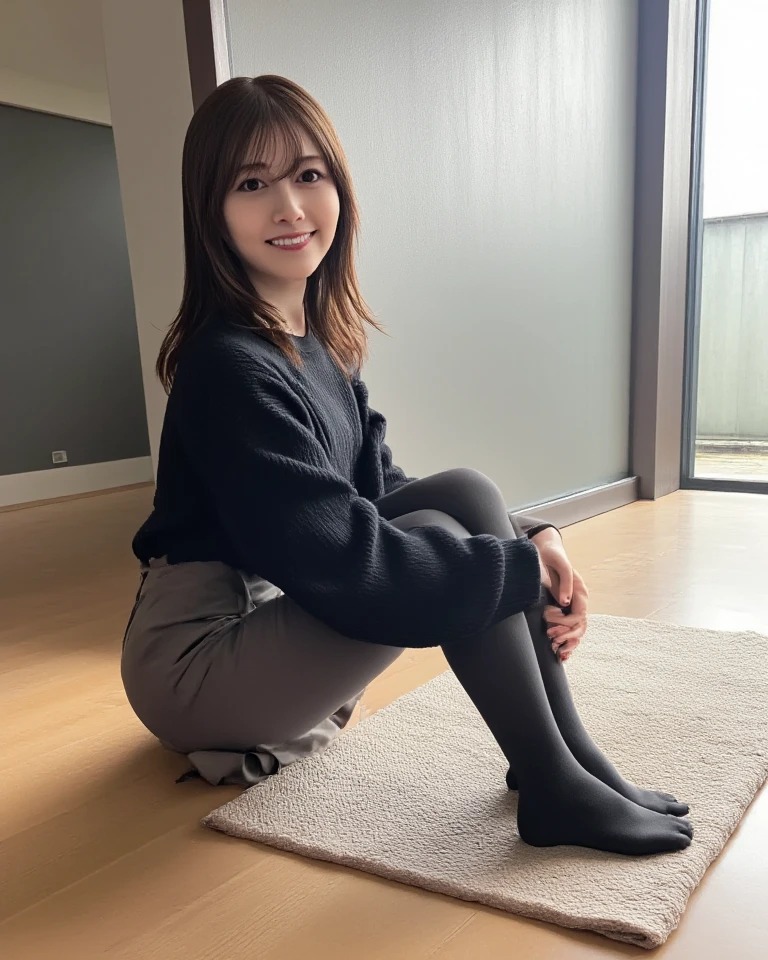 (Black tight turtleneck:1.4、(black pleated mini skirt:1.4、flare skirt)、(Black Stockings:1.2、Wearing pantyhose that reach above the knees)、(the visible part of someone's thighs between their skirt or shorts and their knee-high socks:1.34、Absolute area))、(Realistic、Like a photograph、Live Action、8K, Photorealistic, RAW Photos, Best image quality: 1.4), Single-lens reflex camera、RAW Photos, Highest quality, Realistic, Highly detailed CG Unity 8K wallpaper, Written boundary depth, Cinematic Light, Lens flare, Ray Tracing, Realistic background、((Ultra-dense skin))、 1 female,Cute busty Japanese woman、Japanese office lady at work、((whole body:1.5),View the computer:1.1、Short Ponytail:1.2、I like that style、Stylish、Very detailed、Pay attention to the details、The perfect outfit、(Dark Skin)、Beautiful legs:1.1,Sitting in a chair、View from below、Accurate hands、Accurate legs、Detailed hand and fingers、Anatomically correct body、Thin thighs、High heels