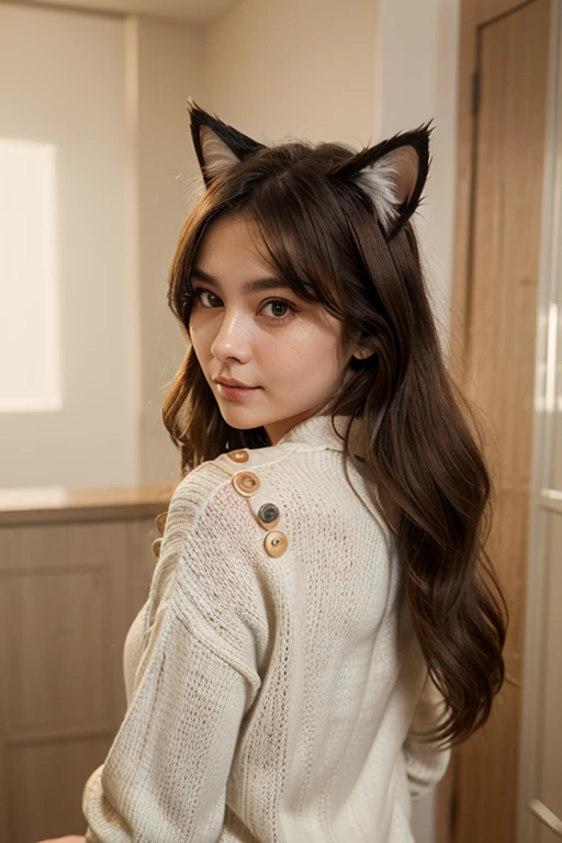 21 years old girl, mid-back length wavy dark brown hair, fair complexion, flawless skin, hazel eyes, button nose, slighlt defined jawline, soft, wearing sweater, cat ear and tail