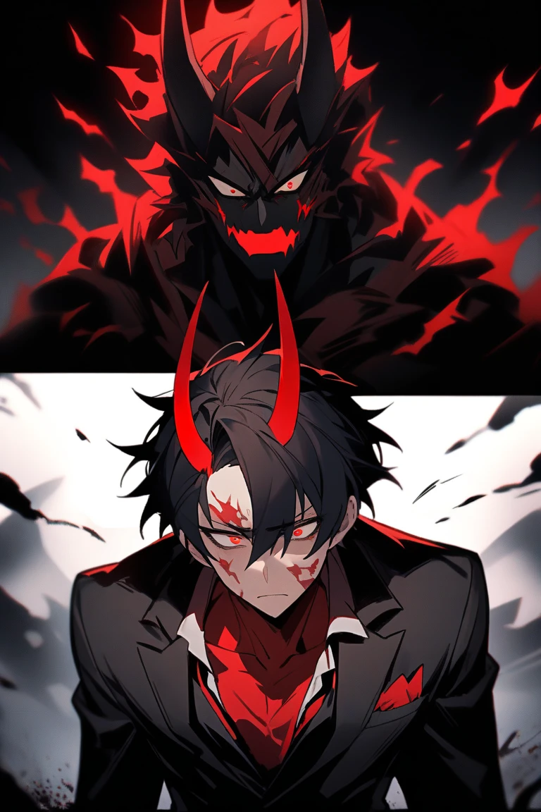 Generate anime boy with short black messy hair, red eyes, red demonic horn with black, black jacket with red lines and white shirt, black sclera of the eye, black spot on cheek