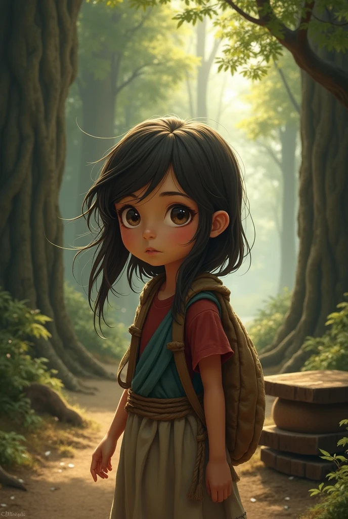 Uma mulher jovem, de cabelos pretos e olhos verdes, It's in the middle of a forest, Surrounded by tall, leafy trees. She is dressed in hiking clothes and carries a backpack on her back. Your face is expressing determination and courage
