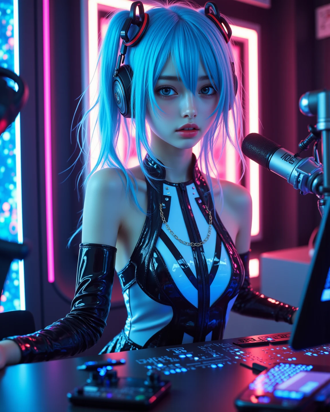 Type japonaise, blue hair, blue eye, cute, name ana. une belle femme aux blue hairs et aux cheveux bouclés portant des écouteurs surdimensionnés, sitting in a dark room surrounded by cyberpunk neon lights, with a DJ deck, Cyberpunk Aesthetic, visage et expression , sharpness, cinematic, head of;artwork