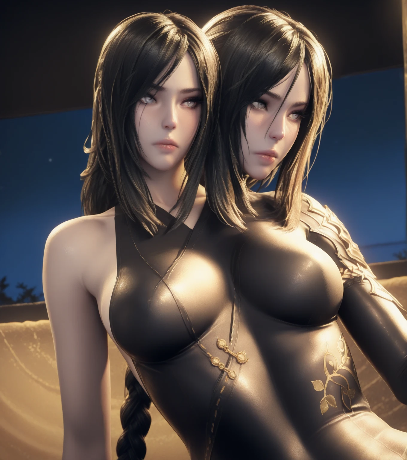 (masterpiece, Best Quality, 1 warrior girl standing full body from front a little side , Alone, intricate details, chromatic aberration), (realist),(fur), ((breath)),(Golden hair,blunt bangs),Detailed hair, golden crown head ornament, blue reflections, hair over one eye, blue eyes, earrings, sharp eyes, choker,((short latex tank top, big breasts )),bare waist ((black latex thong)),((symmetry eyes)),((Perfect symmetrical body)),(pureerosface_v1:0.3), evening,(((natural light))),backlighting ,against iron bridge, dim lighting ,look at the viewer,((Centered shot, from the front,(face and waist))),with a sword.