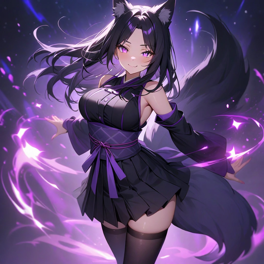 Big-breasted fox demon(Black high ponytail,Slightly curled hair in front of the ears,Cold white skin)(Glamorous and sexy,Fornication and debauchery,Expose the entire breast,fishnets stockings,Black and purple tight leather clothing,Naked,spread their legs,Seven-doppelganger shot