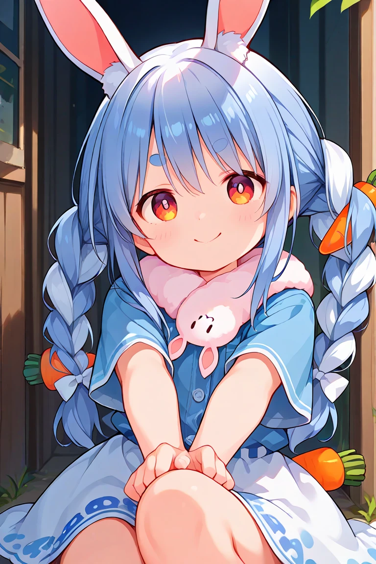 (8k、Best image quality、highest quality、masterpiece)、Detailed face、Single Blade、smile、blush、vapor、((close your eyes))、Shiny、Cowboy Shot、Night city background, pekora usada, animal ears, blue hair, braid, carrot hair ornament, food-themed hair ornament, hair ornament, multicolored hair, (red eyes:1.5), rabbit ears, twin braids, twintails, two-tone hair,