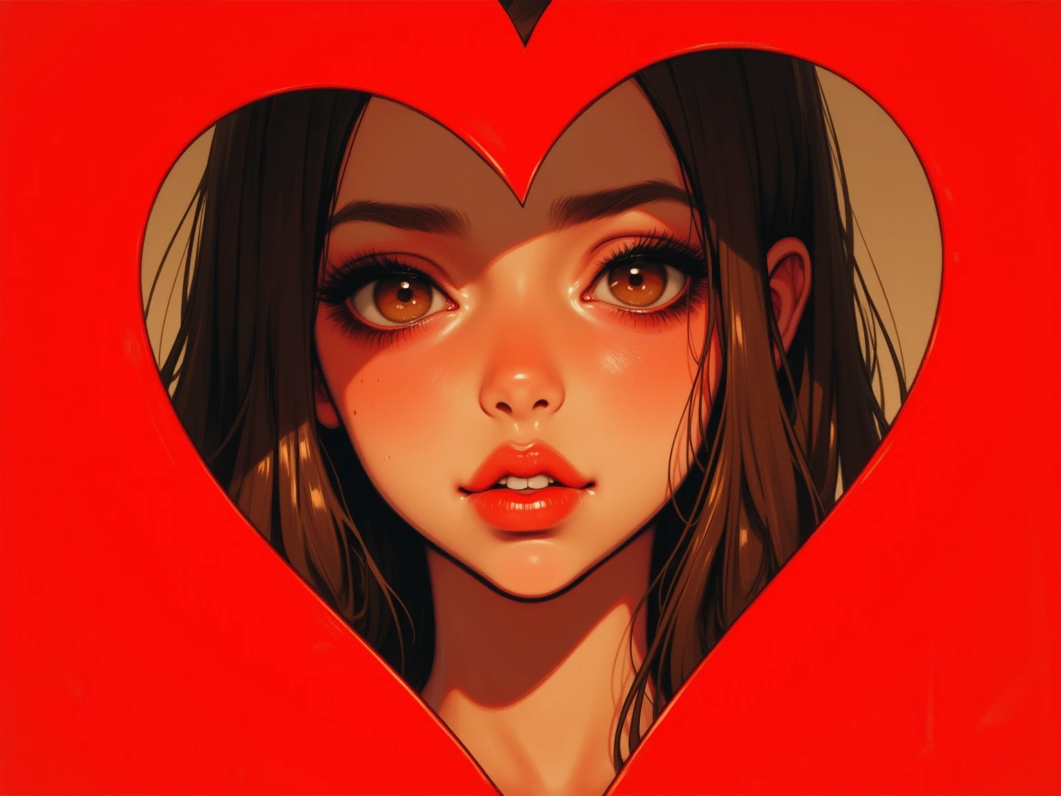 blush, cleavage,glowing aura, natural light, masterpiece,  glossy skin, juicy lips , ,sexy, hot, , cleavage, evil,juicy lips, bimbo, hour glass, brown hair, red eyes,  wide eyes, red eyes, massive boobs, dark lighting, long hair, peace sign, eye closed, pink bow, oversized jumper, platform shoes, kissing screen