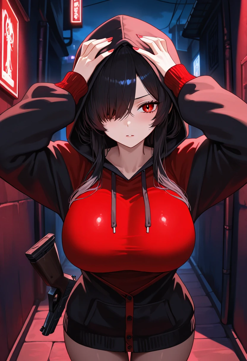 une fille, regard agressif, Red eyes, black hair tied, saber in the back, tattoo, gangster, Yakuza, Aesthetic, cyberpunk, seductive cyberpunk dark fantasy,