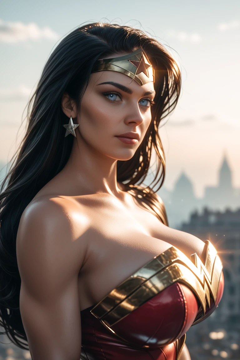 g4lg, wonder woman, ((wearing a white Real Madrid tshirt)), (pretty face:1.2), (finely detailed face and beautiful eyes), mature female, muscle, bare hands, (armlet, blue armor skirt, bracer, head ring ), (black eyes, black long hair, messy hair, floating hair), ((white Real Madrid tshirt)), (long proportional legs), (best quality:1.1),(city background:1.2), dark_fantasy,, ((masterpiece)), 