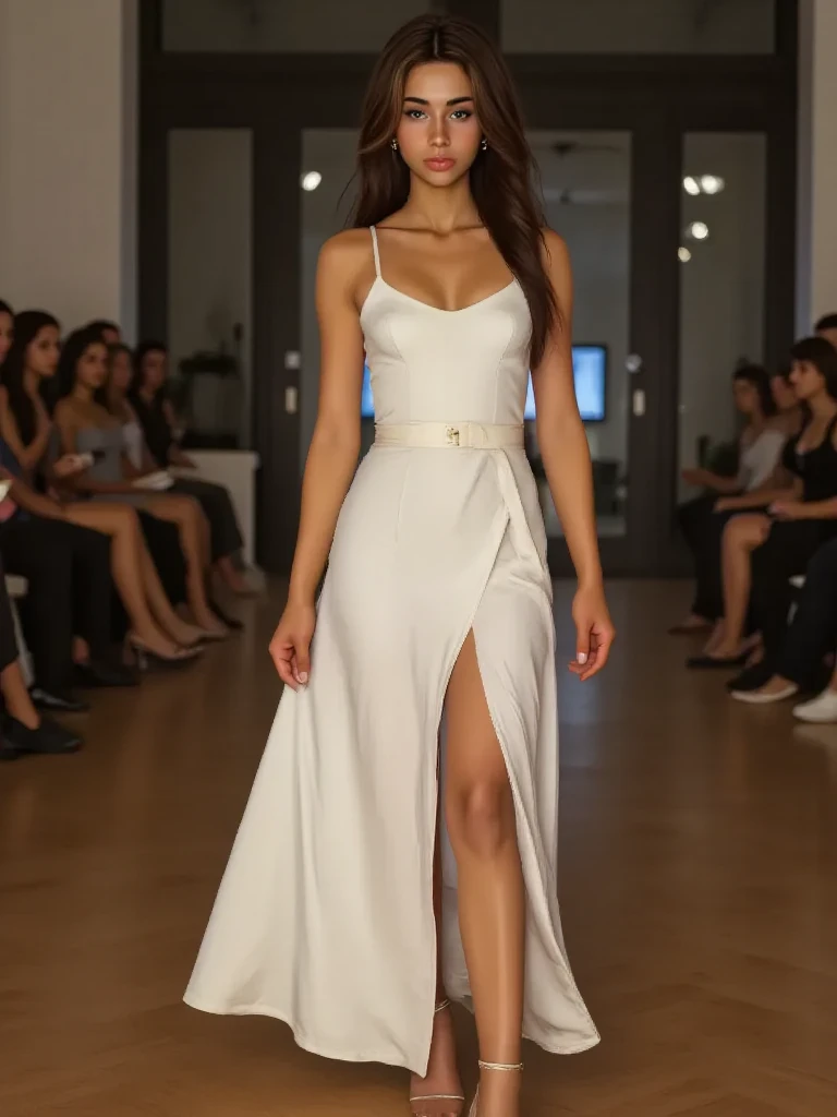 A Latin woman, slim, athletic body, confidently struts down the runway during a high-fashion lace dress show. Her white dress hugs her curves, and she wears elegant high heels. Her expressive eyes captivate the audience, and her alluring smile draws everyone’s attention