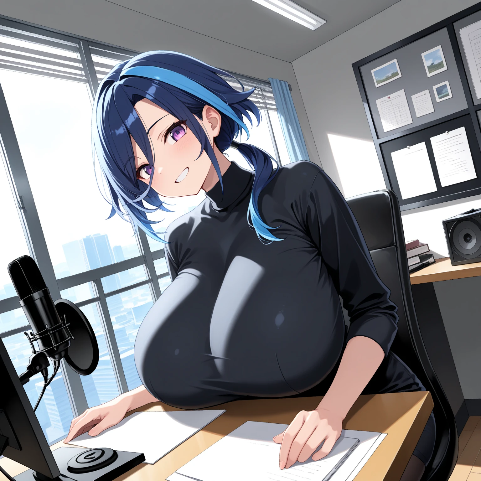 score_9, score_8_up, score_7_up, score_6_up, score_5_up, score_4_up, sideview, standing sex, doggy style, from behind, anime girl, blue long hair, ponytail, red ribon hair, black open hoodie, big breasts, bely bulge, one man fucking a girl from behind, girl hands on a table, computer table, PantsDown