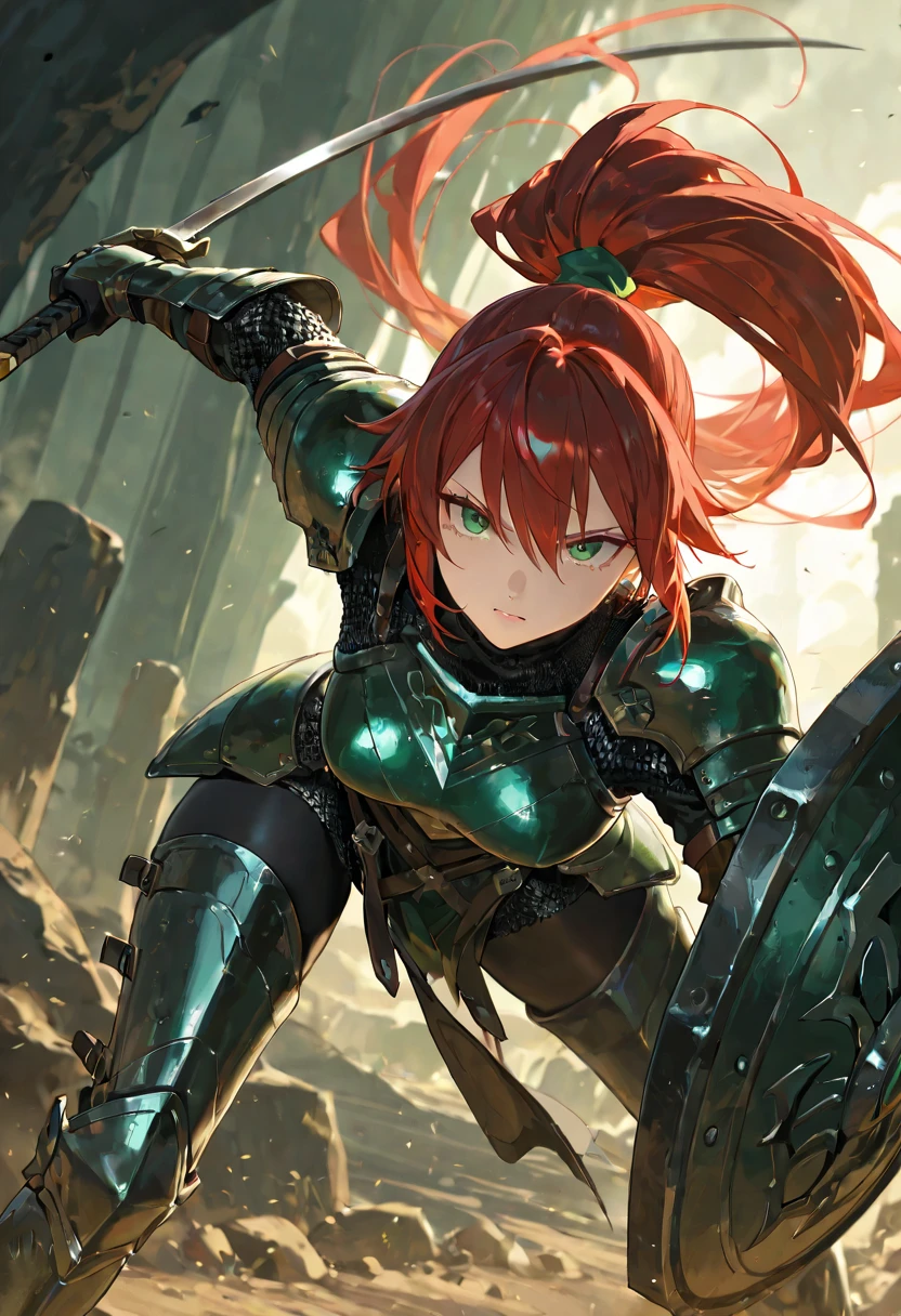 (masterpiece), expressive eyes, 1girl, detailed green armor, helmet, :o, redhead, ponytail, medium breasts, holding a sword, yellow gloves, cleavage, standing