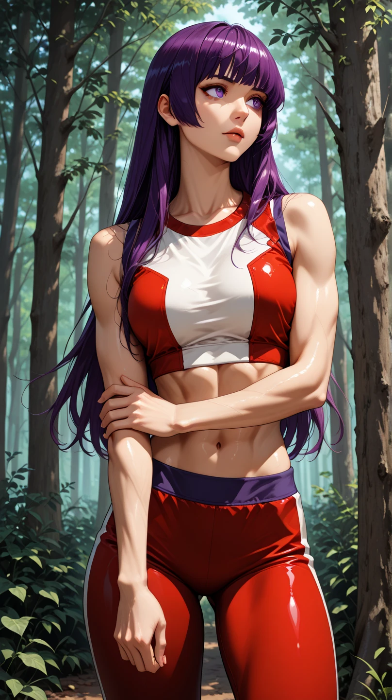 Aelita Royer, Purple hair, Purple eyes, Purple ponytail, Black sweat pants, Buff, Muscle shirt, Pink muscle shirt, Anime, Female, Futanari, Cute, Forest